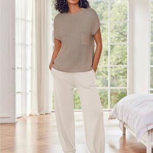 Ekouaer 2 Piece Lounge Set XL Khaki Knit Top & Jogger Pants Matching Set